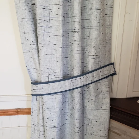 Sears Drapes 48W x 62L Tweed Print Pinch Pleat Curtains Blue VTG 50s 60s NEW
